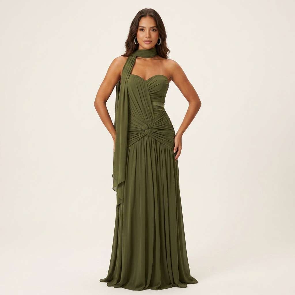 Vestido Longo de Festa Um Ombro Verde Sálvia – Doce Malícia - Verde Militar
