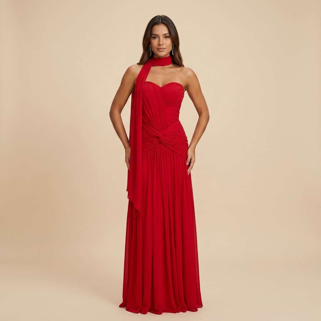 Vestido Longo de Festa Um Ombro Verde Sálvia – Doce Malícia - Vermelho