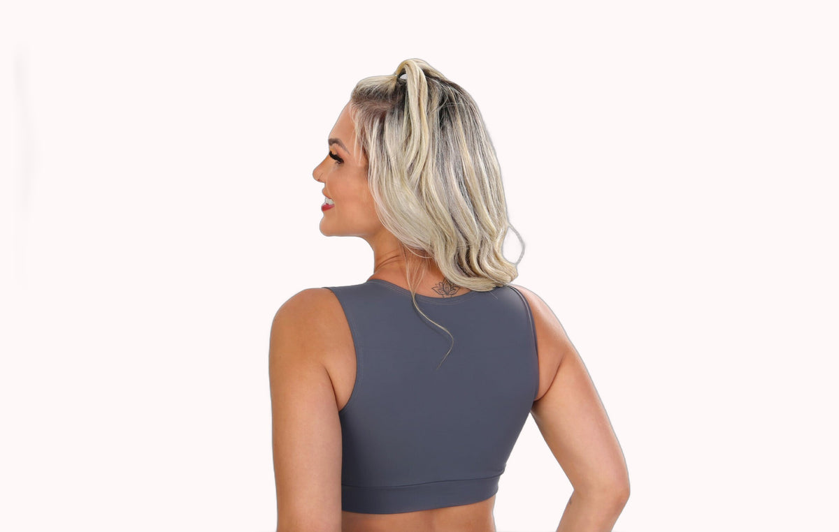Conjunto Fitness Feminino Top e Legging Cintura Alta Cinza e Amarelo