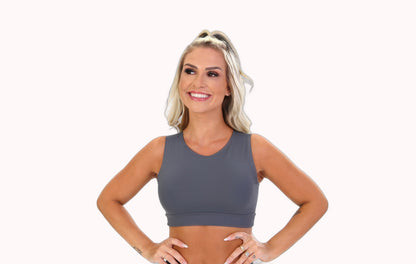 Conjunto Fitness Feminino Top e Legging Cintura Alta Cinza e Amarelo