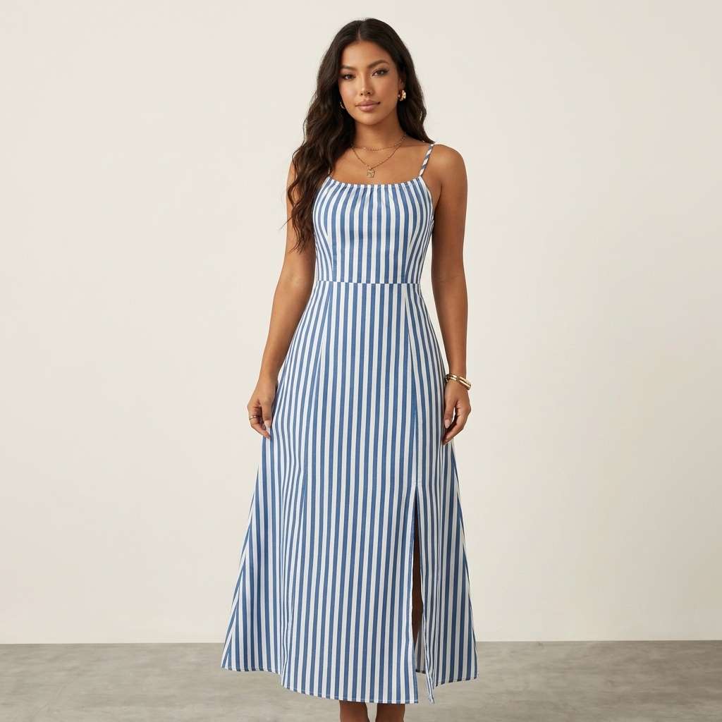Vestido Feminino Algodão Linho Azul – Doce Malícia - Azul e Branco