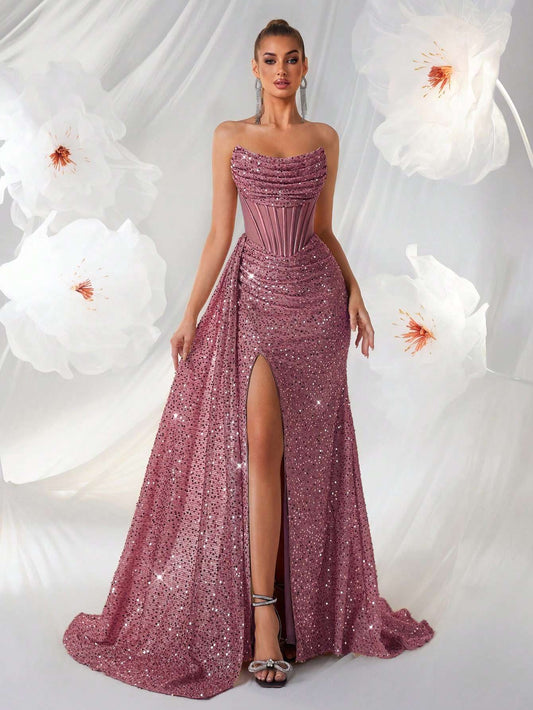 Vestido Longo Feminino Paetê Fenda Rosé – Doce Malícia