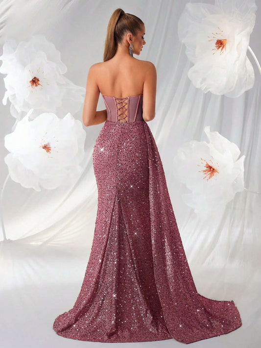 Vestido Longo Feminino Paetê Fenda Rosé – Doce Malícia