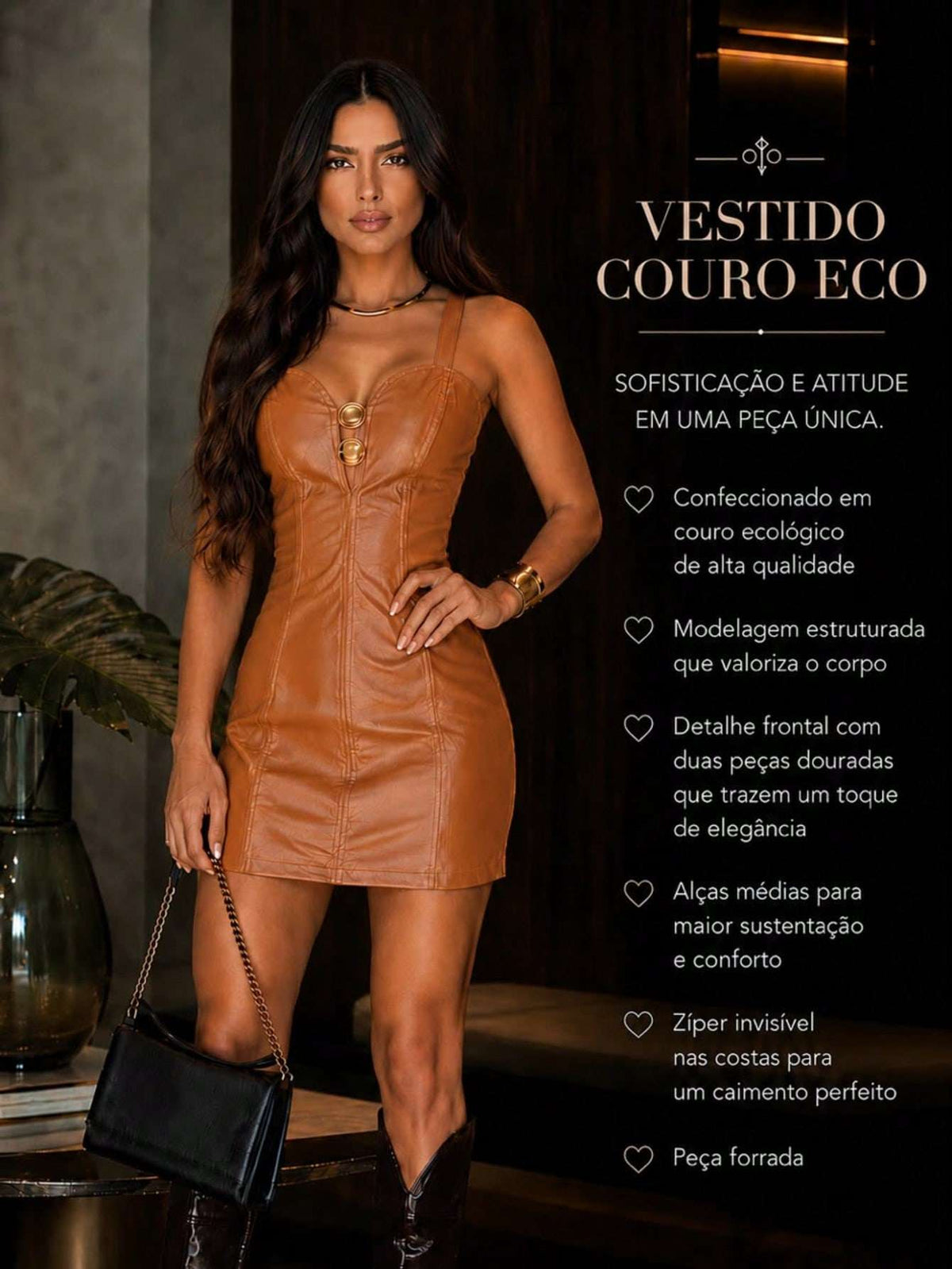 Vestido Couro Eco Botões Dourados Caramelo – Doce Malícia
