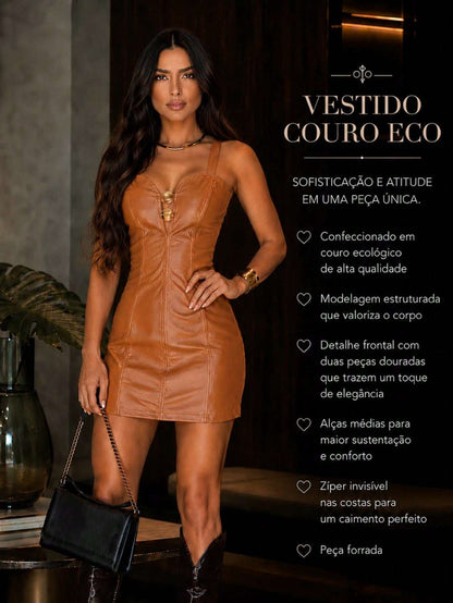 Vestido Couro Eco Botões Dourados Caramelo – Doce Malícia