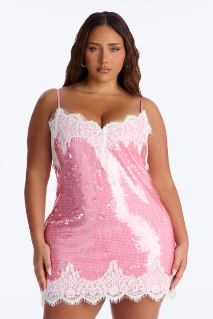 Vestido Feminino Curto Renda Paetê Rosa – Doce Malícia