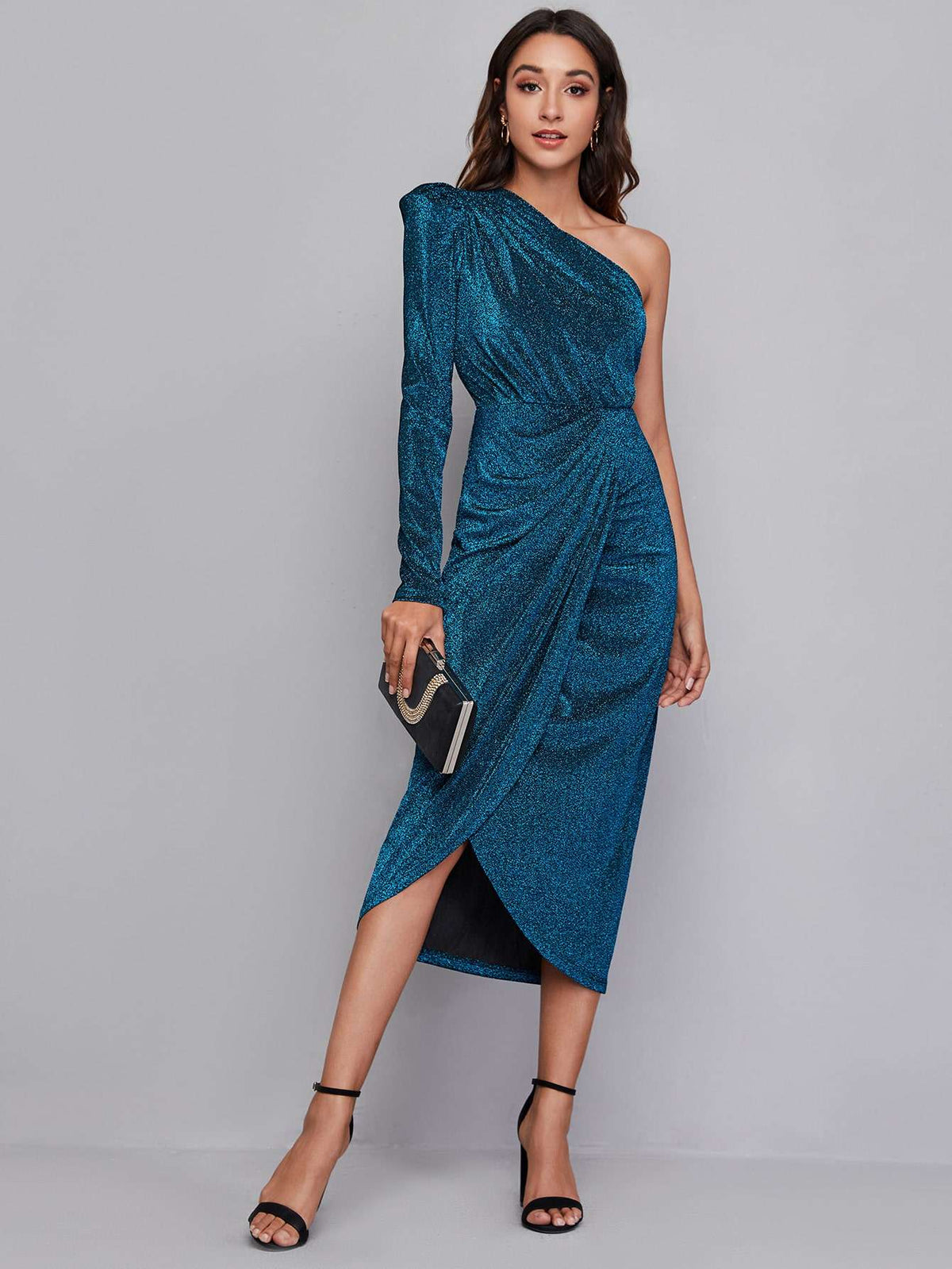 Vestido Midi Feminino Lurex Ombro Único Azul – Doce Malícia