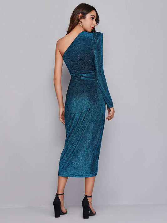 Vestido Midi Feminino Lurex Ombro Único Azul – Doce Malícia