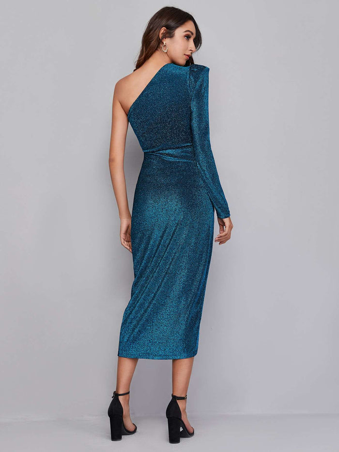 Vestido Midi Feminino Lurex Ombro Único Azul – Doce Malícia — Doce Malícia