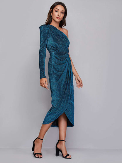 Vestido Midi Feminino Lurex Ombro Único Azul – Doce Malícia