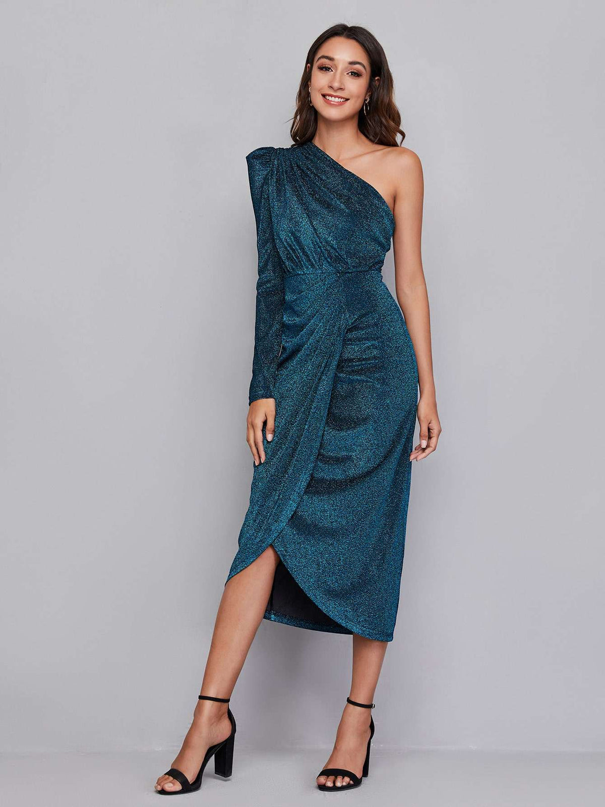 Vestido Midi Feminino Lurex Ombro Único Azul – Doce Malícia