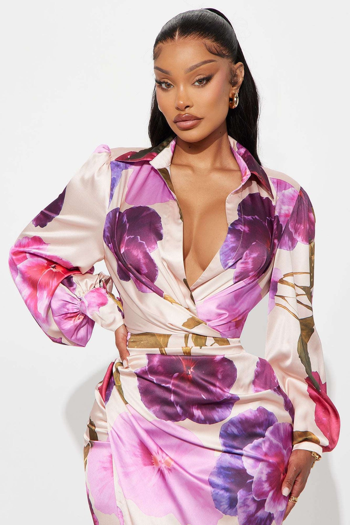 Vestido Feminino Estampado Longo Cetim Roxo – Doce Malícia