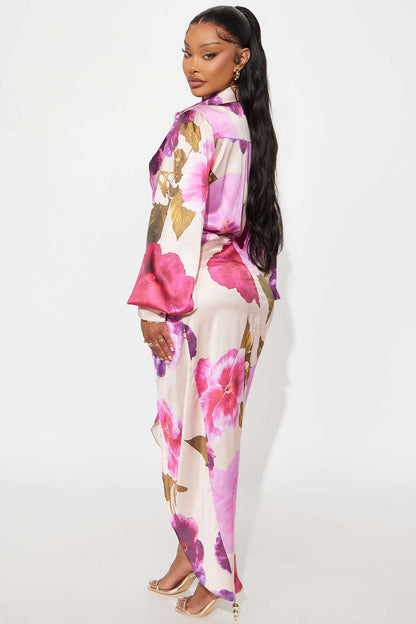 Vestido Feminino Estampado Longo Cetim Roxo – Doce Malícia