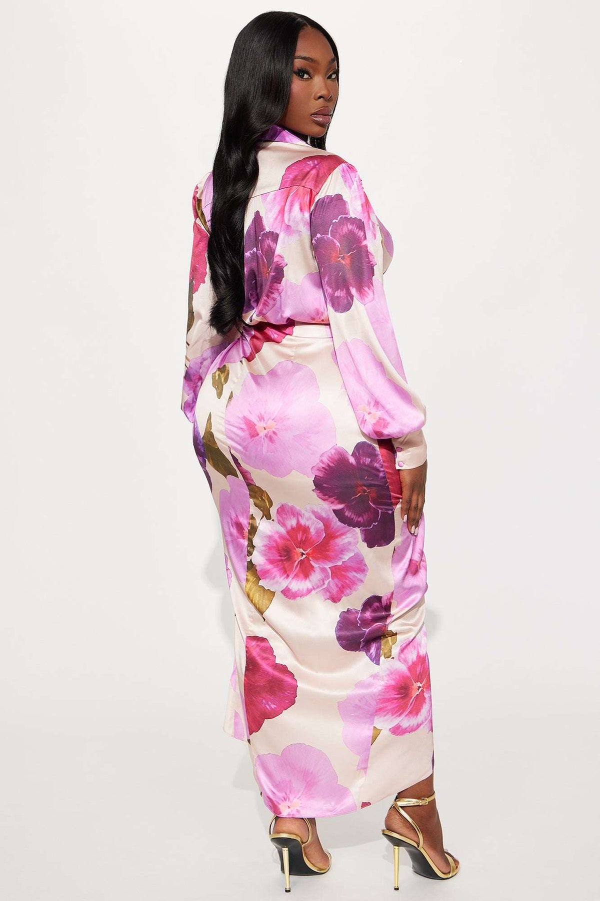 Vestido Feminino Estampado Longo Cetim Roxo – Doce Malícia