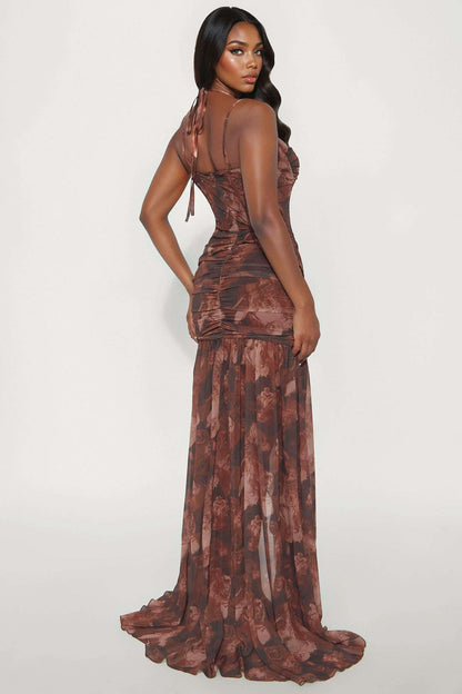 Vestido Feminino Floral Estampado Longo Marrom – Doce Malícia