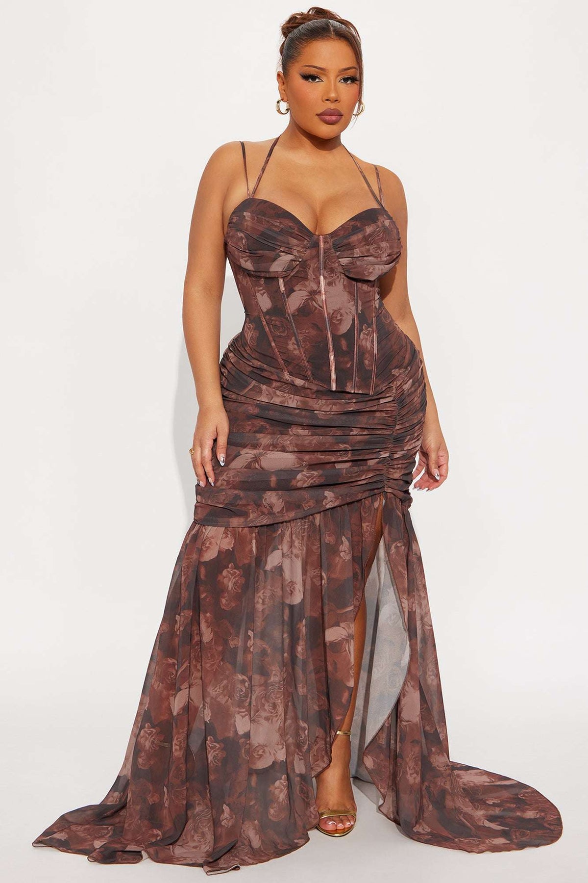 Vestido Feminino Floral Estampado Longo Marrom – Doce Malícia