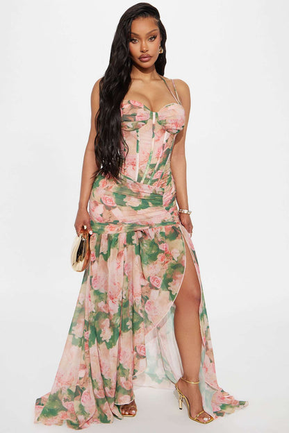 Vestido Feminino Floral Estampado Longo Marrom – Doce Malícia