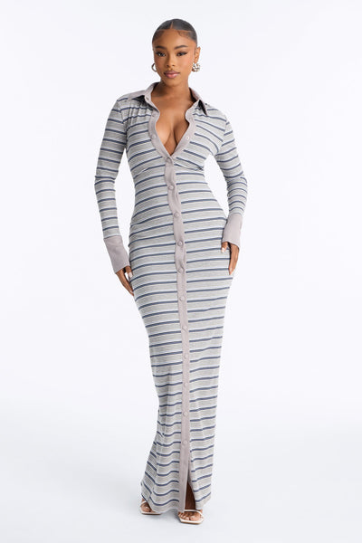 Vestido Feminino Longo Canelado Listrado Cinza – Doce Malícia