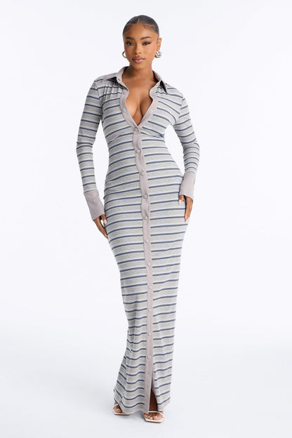 Vestido Feminino Longo Canelado Listrado Cinza – Doce Malícia