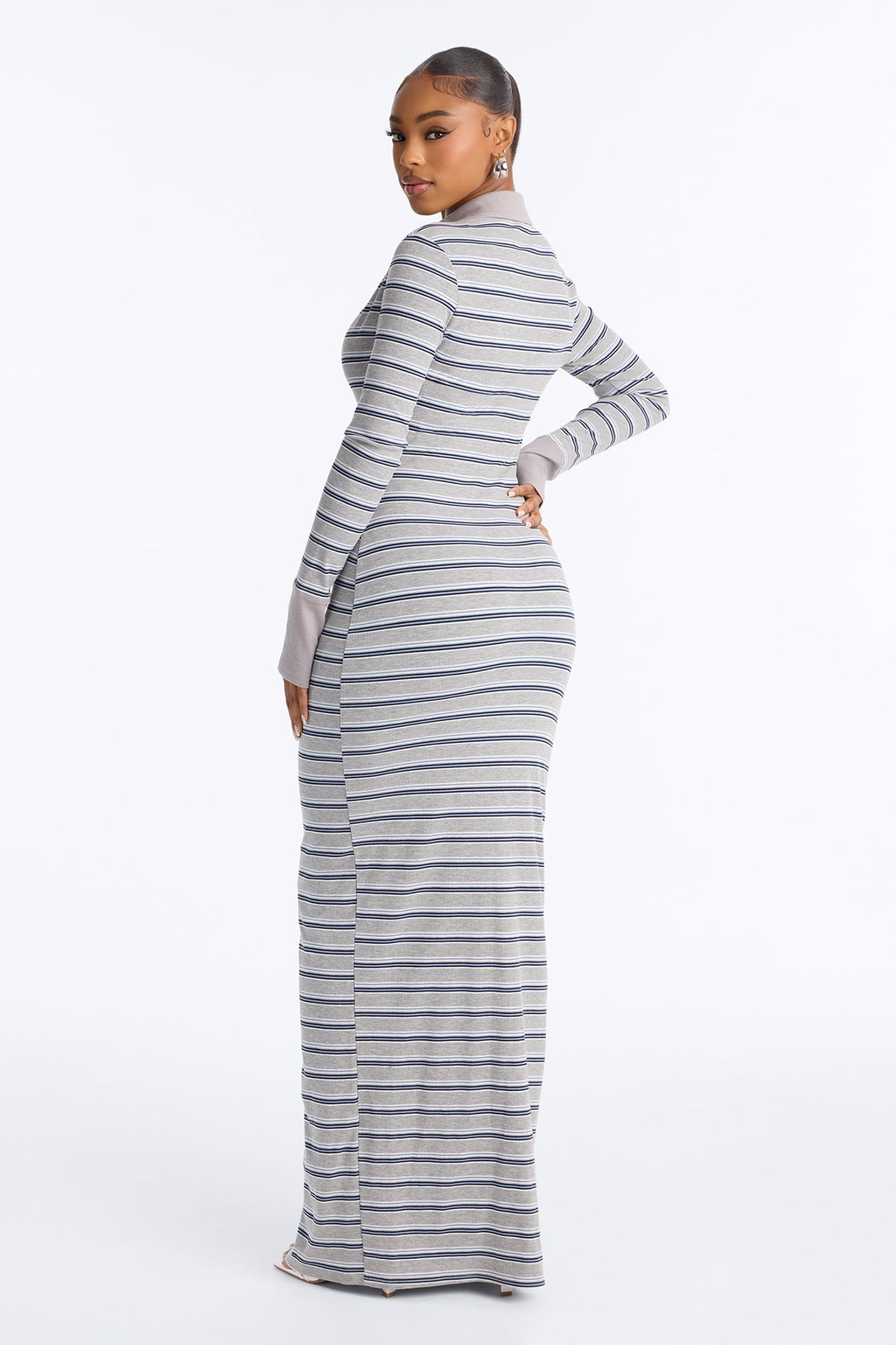 Vestido Feminino Longo Canelado Listrado Cinza – Doce Malícia