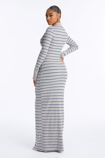 Vestido Feminino Longo Canelado Listrado Cinza – Doce Malícia