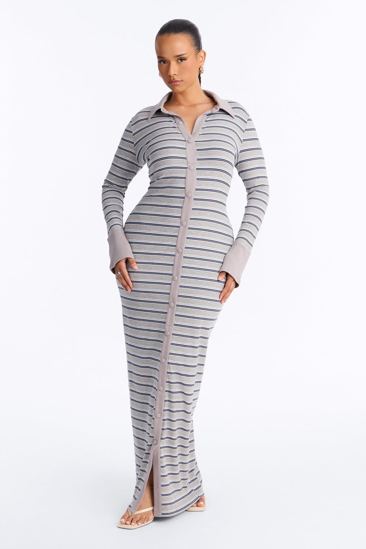 Vestido Feminino Longo Canelado Listrado Cinza – Doce Malícia