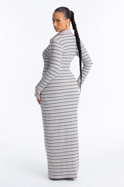 Vestido Feminino Longo Canelado Listrado Cinza – Doce Malícia
