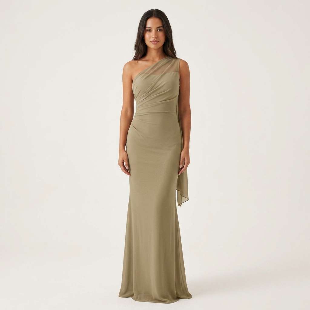Vestido Longo Um Ombro Tule – Doce Malícia - Caqui