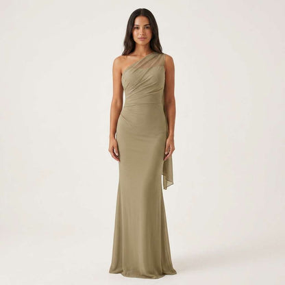 Vestido Longo Um Ombro Tule – Doce Malícia - Caqui
