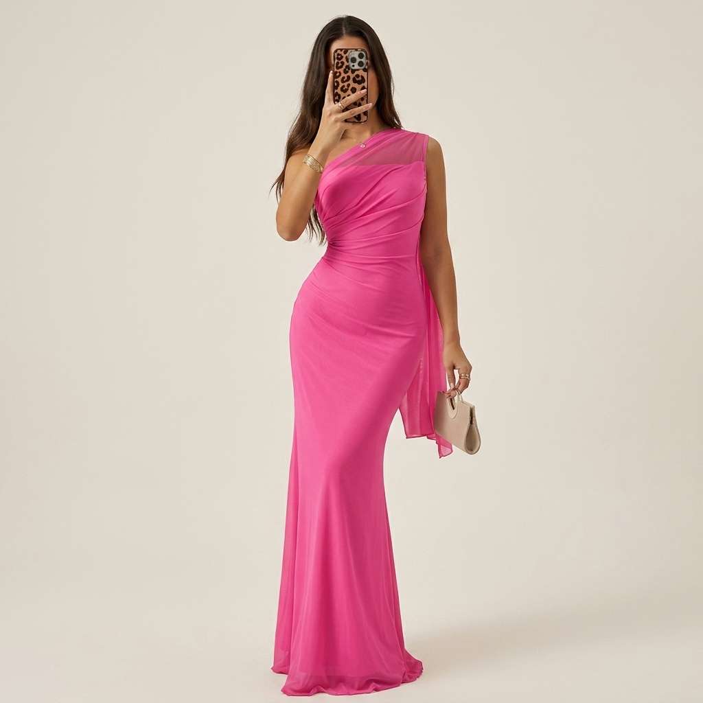 Vestido Longo Um Ombro Tule – Doce Malícia - Rosa chiclete