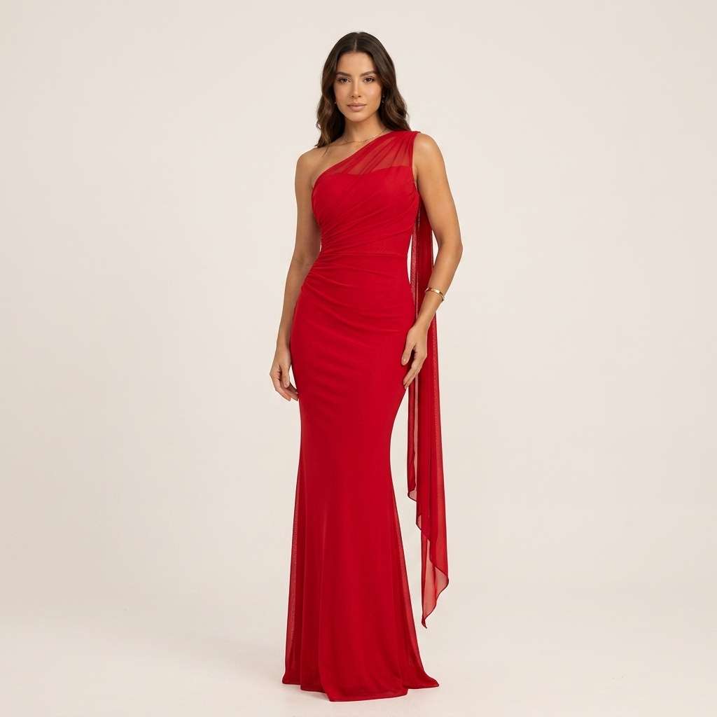 Vestido Longo Um Ombro Tule – Doce Malícia - Vermelho