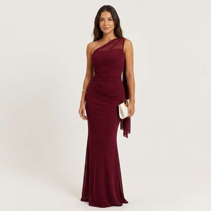 Vestido Longo Um Ombro Tule – Doce Malícia - Vinho