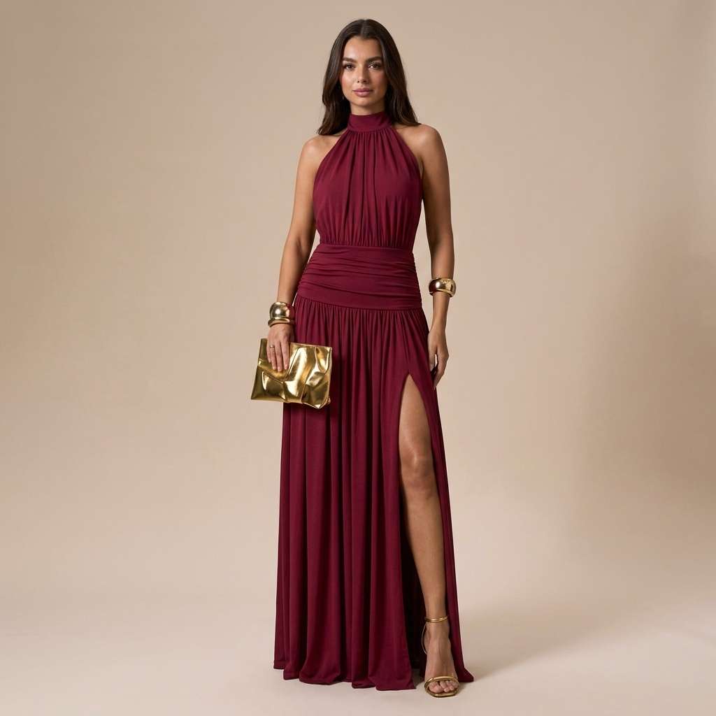 Vestido Feminino Longo Manga de Raglan Frente-única Damasco – Doce Malícia - Bordô