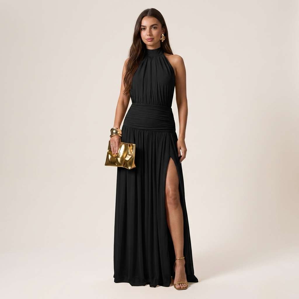 Vestido Feminino Longo Manga de Raglan Frente-única Damasco – Doce Malícia - Preto