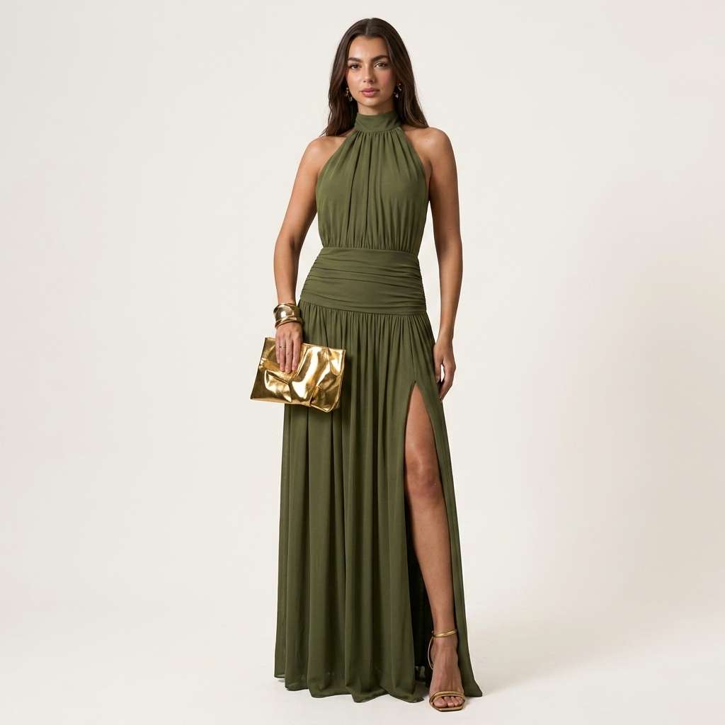 Vestido Feminino Longo Manga de Raglan Frente-única Damasco – Doce Malícia - Verde Militar