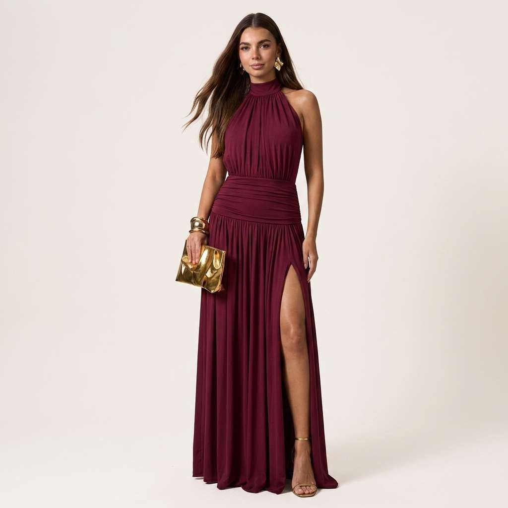 Vestido Feminino Longo Manga de Raglan Frente-única Damasco – Doce Malícia - Vinho