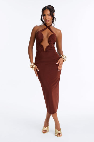 Vestido Feminino Midi Frente Única Marrom – Doce Malícia