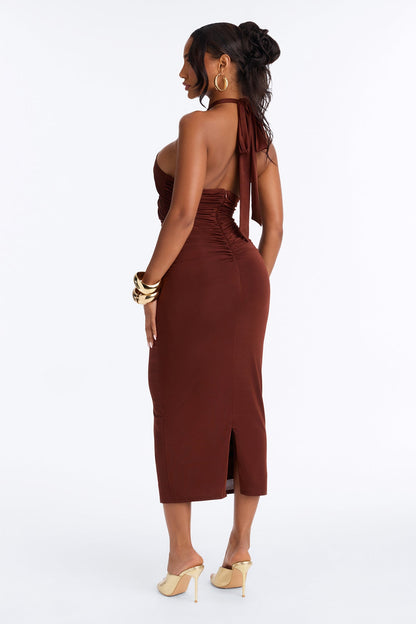 Vestido Feminino Midi Frente Única Marrom – Doce Malícia