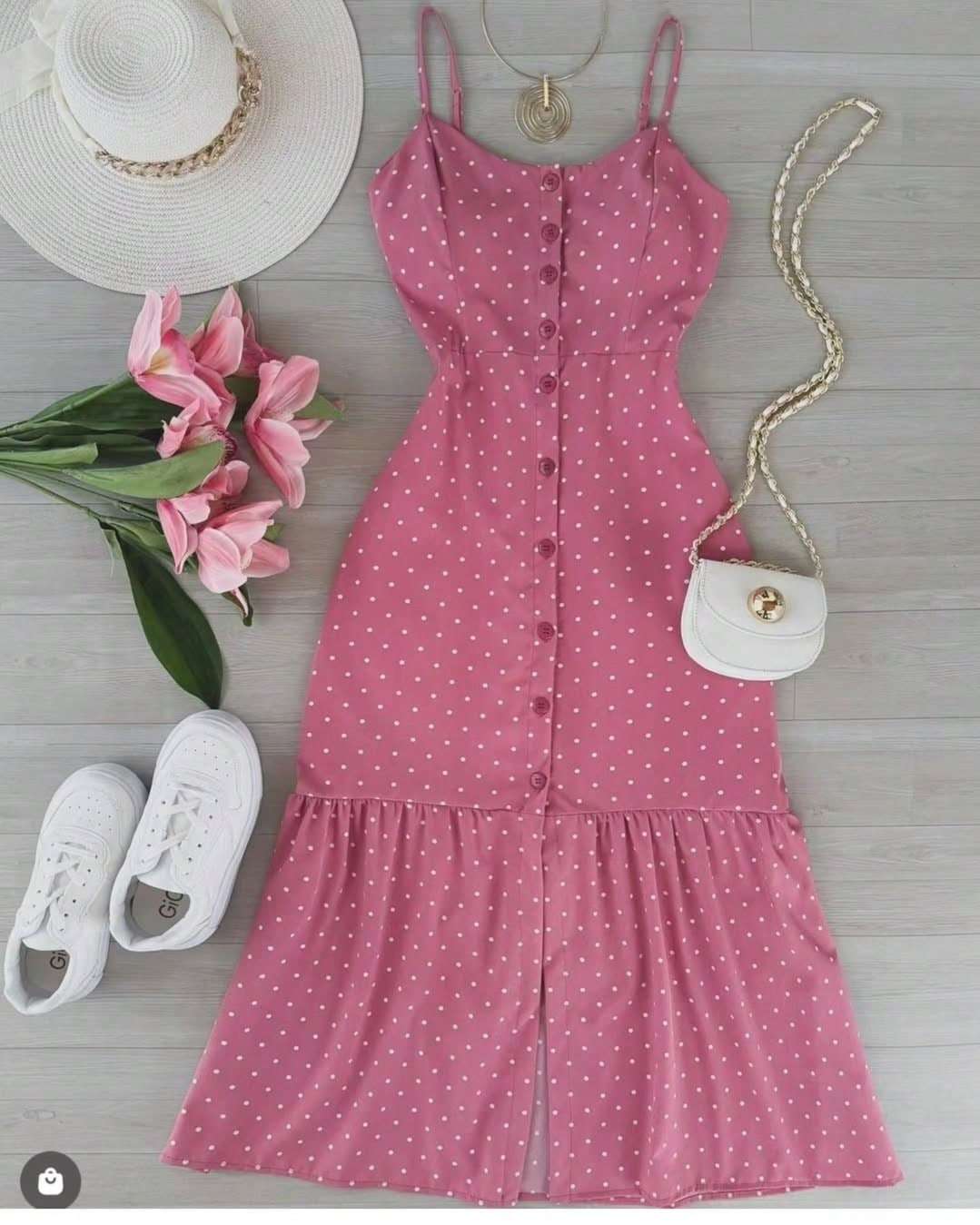 Vestido Midi Botões Alça Fina Poá – Doce Malícia