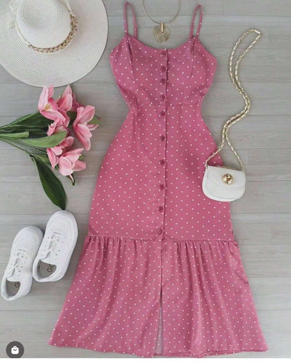 Vestido Midi Botões Alça Fina Poá – Doce Malícia