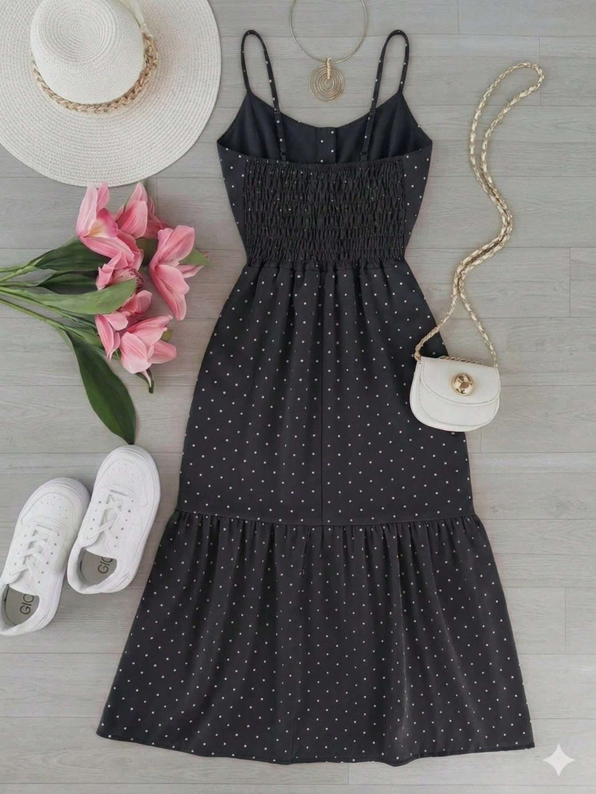 Vestido Midi Botões Alça Fina Poá – Doce Malícia