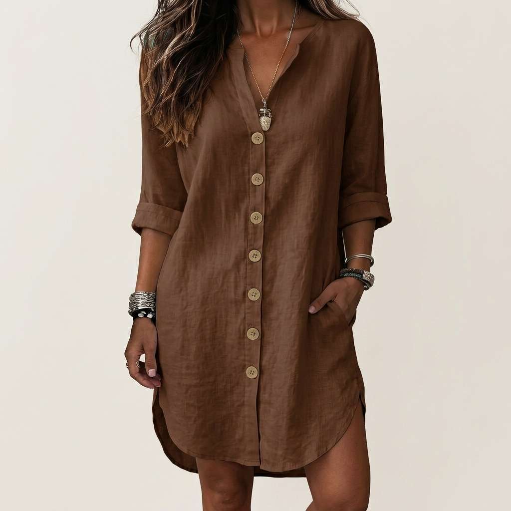 Vestido Chemise Botões Linho – Doce Malícia - Castanho