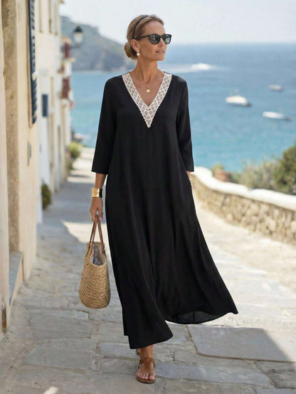 Vestido Longo Feminino Manga Longa Renda Preto – Doce Malícia