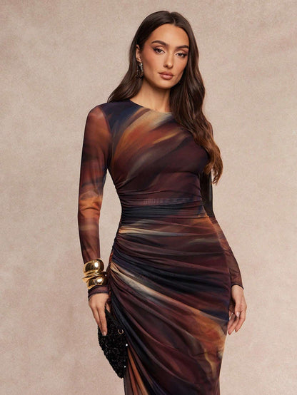 Vestido Longo Mesh Estampa Abstrata – Doce Malícia