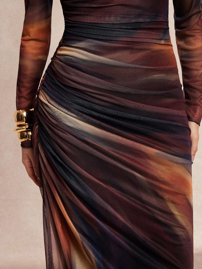 Vestido Longo Mesh Estampa Abstrata – Doce Malícia