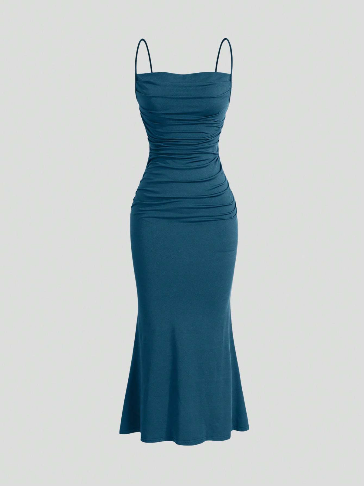 Vestido Midi Alças Finas Franzido Azul Petróleo – Doce Malícia