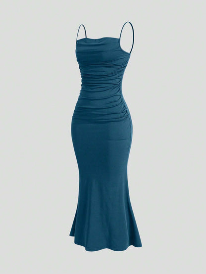 Vestido Midi Alças Finas Franzido Azul Petróleo – Doce Malícia