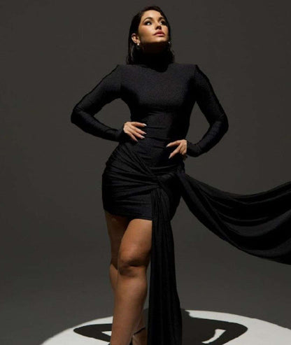 Vestido Ancara Manga Longa Drapeado Faixa Amarração - Preto