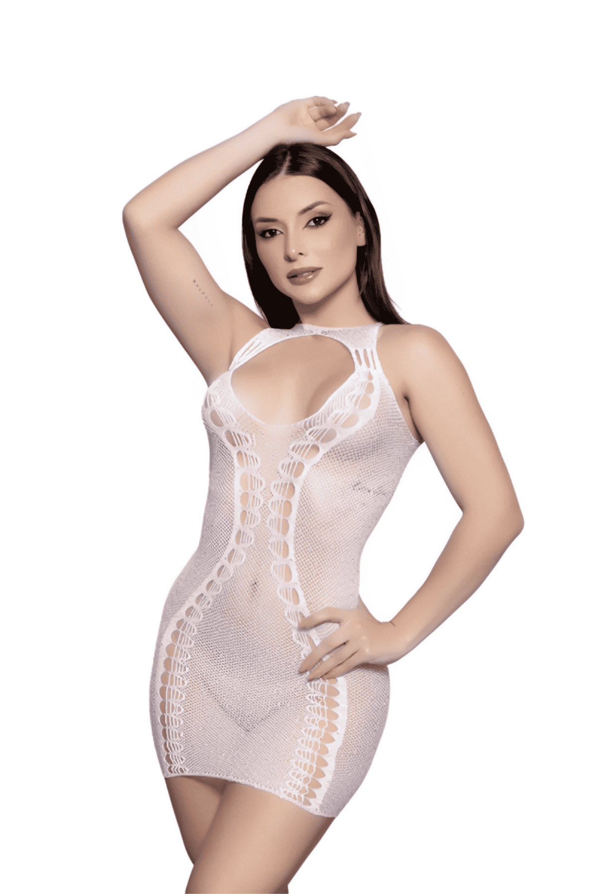 Vestido Bodystocking Branco com Strass em Quantidade – Doce Malícia