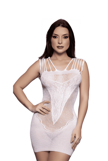 Vestido Bodystocking Branco com Strass em Quantidade – Doce Malícia